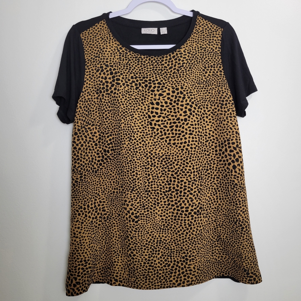 LOGO by Lori Goldstein Black‎ Gold Leopard Animal-print Boho Tee Tunic Top S